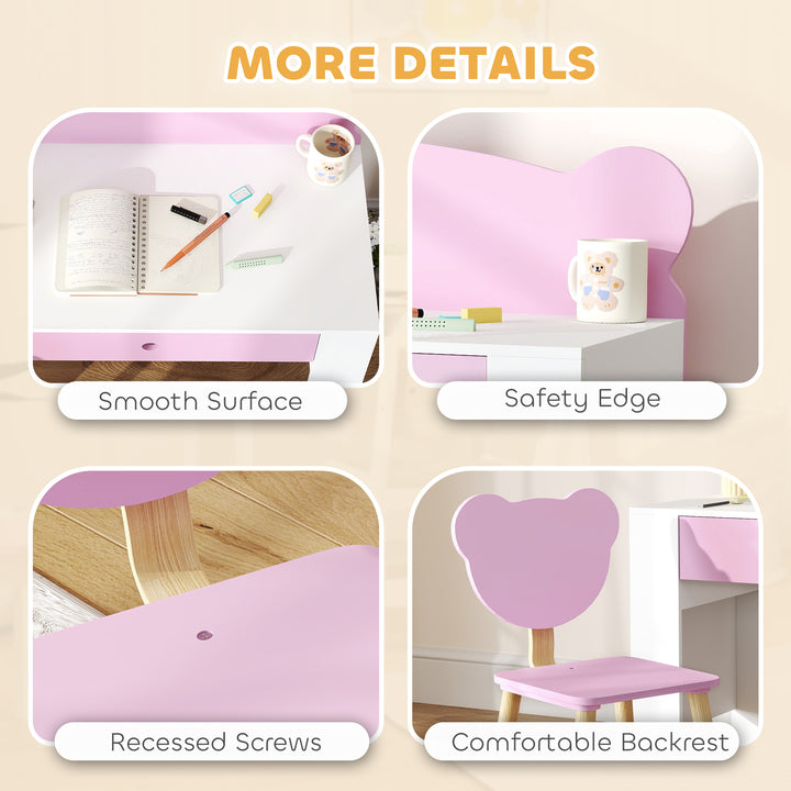 Qaba Kids Desk and Chair Set with Drawer for Drawing, Reading, Bear Theme Children Furniture for Bedroom, Daycare, Pink