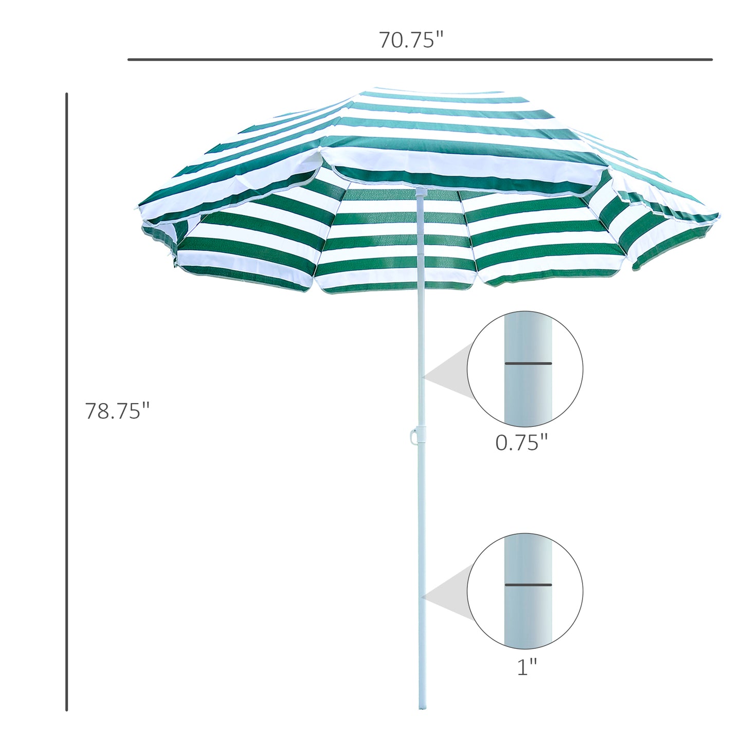 Outsunny 6FT Round Beach Umbrella with Tilt Mechanism, Outdoor UV Protection Sun Shaded Canopy with Push Button, Striped Green