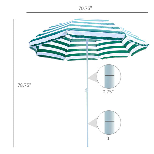 Outsunny 6FT Round Beach Umbrella with Tilt Mechanism, Outdoor UV Protection Sun Shaded Canopy with Push Button, Striped Green