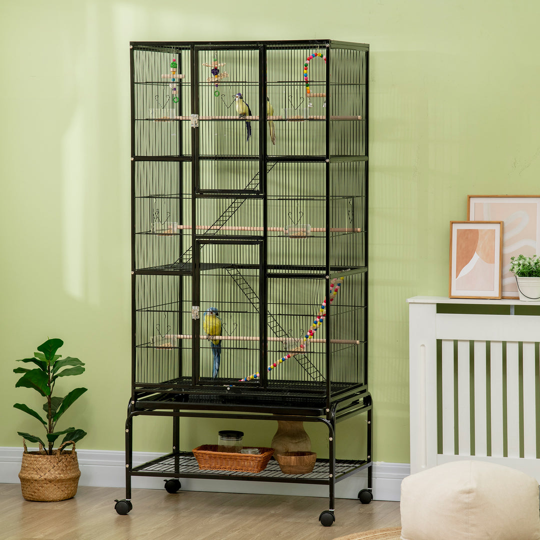 PawHut 71" Bird Cage with Wheels Perches, Ramp, Storage Shelf, Toys for Canaries, Finches, Cockatiels, Parakeets, White