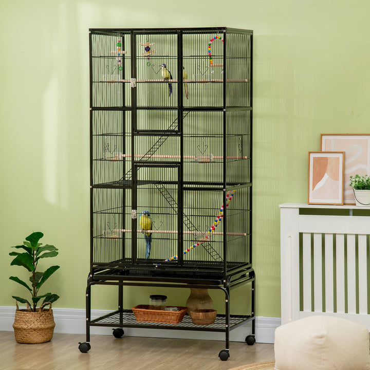 PawHut 71" Bird Cage with Wheels Perches, Ramp, Storage Shelf, Toys for Canaries, Finches, Cockatiels, Parakeets, White