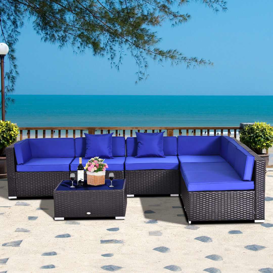 Outsunny 7 Pieces Outdoor Rattan Furniture Set, Patio Wicker Sectional Conversation Sofa Set, Blue