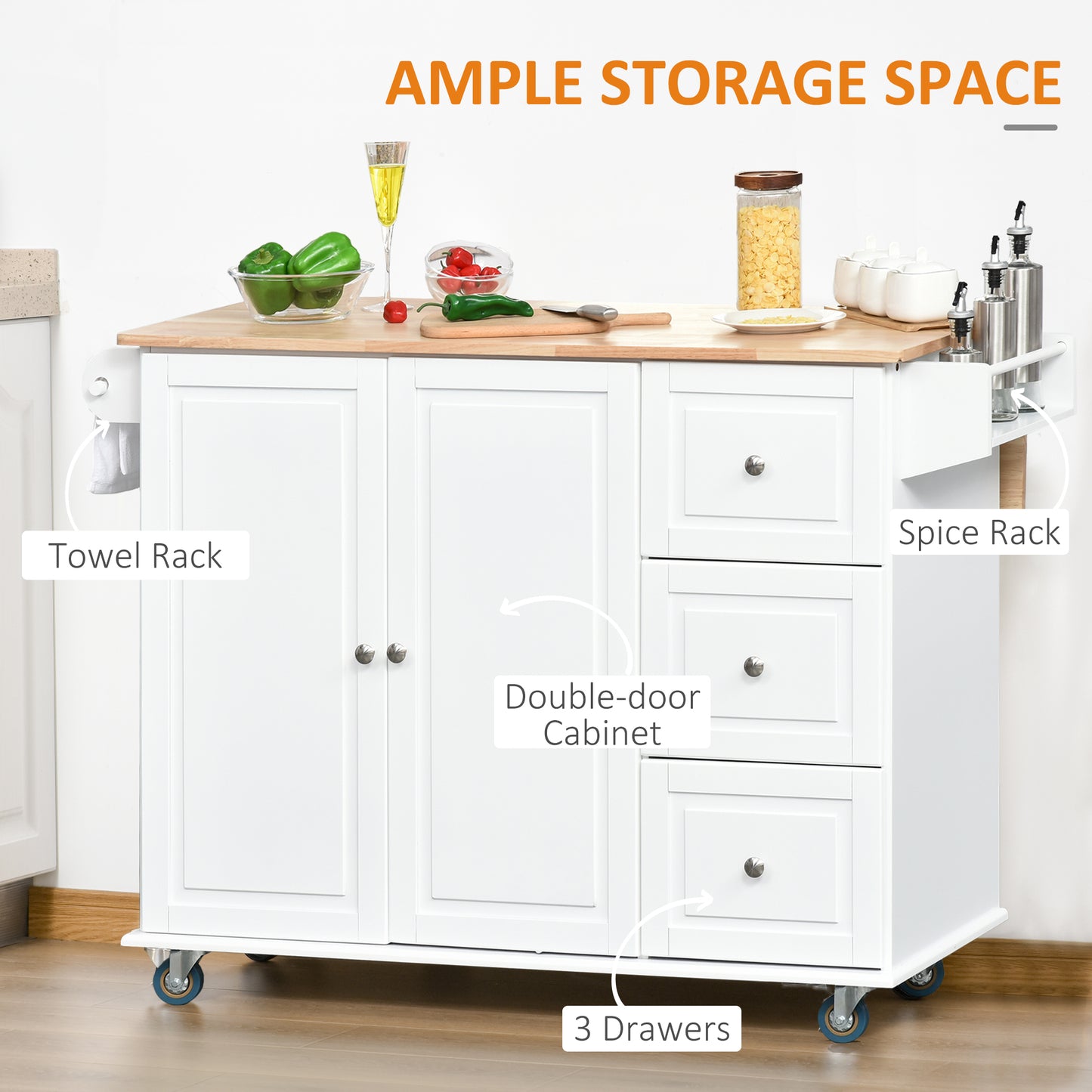 HOMCOM Rolling Kitchen Island with Drop Leaf, Kitchen Cart with Cabinet, 3 Drawers, Wood Top, White