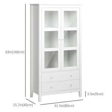 HOMCOM Kitchen Pantry Cabinet, Freestanding Storage Cabinet with 3-tier Shelves, 2 Drawers and Glass Doors, White