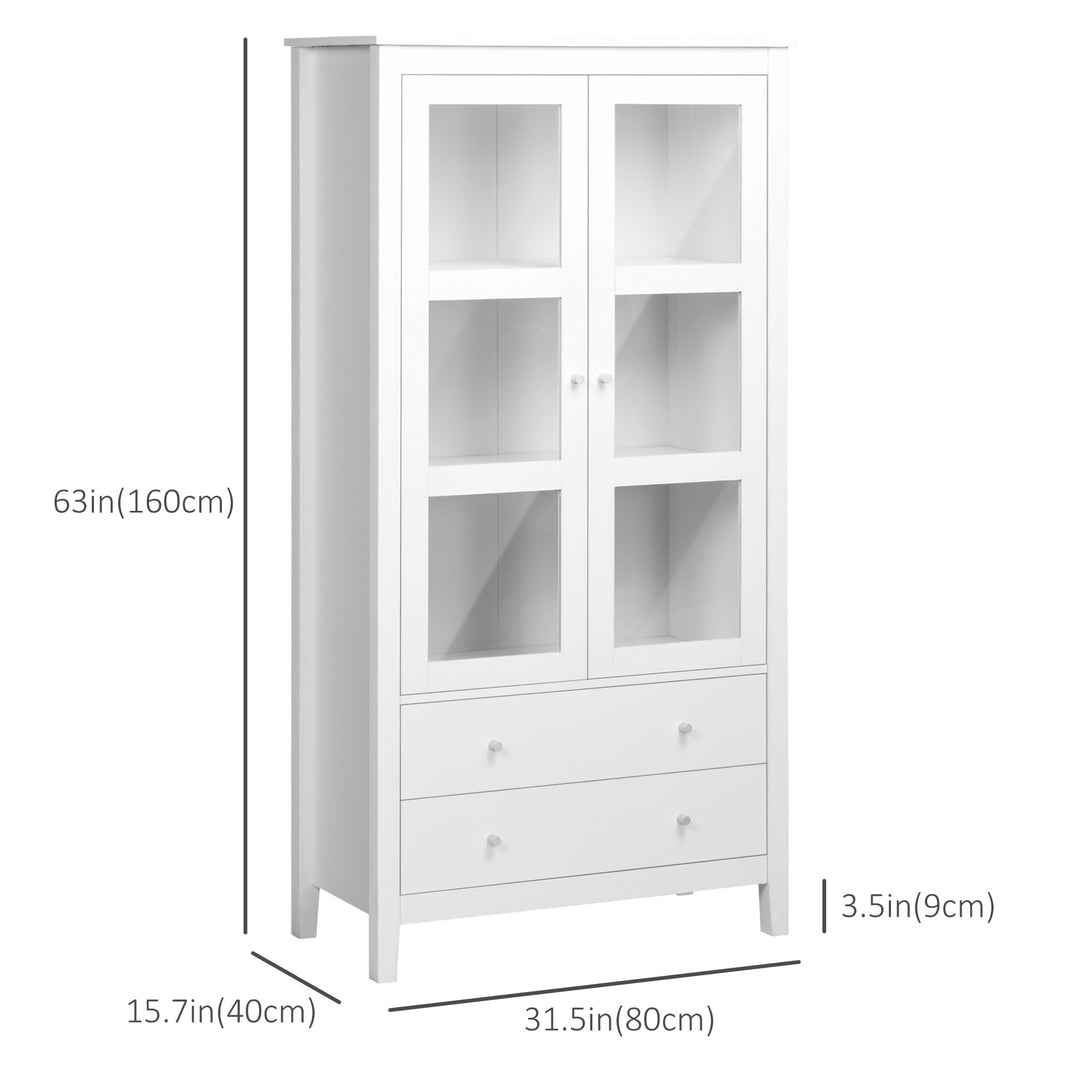 HOMCOM Kitchen Pantry Cabinet, Freestanding Storage Cabinet with 3-tier Shelves, 2 Drawers and Glass Doors, White