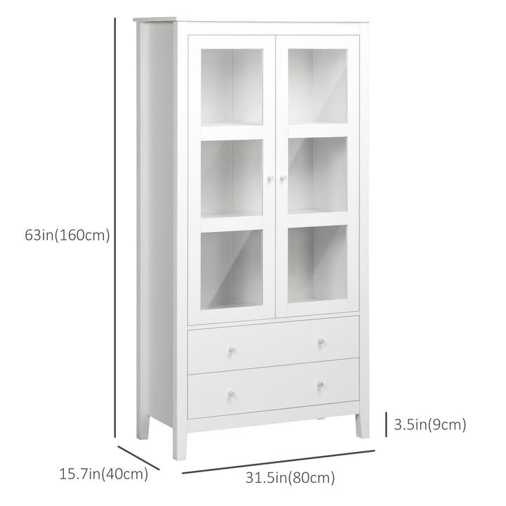 HOMCOM Kitchen Pantry Cabinet, Freestanding Storage Cabinet with 3-tier Shelves, 2 Drawers and Glass Doors, White