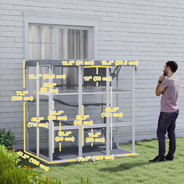 PawHut 71" Catio Outdoor Cat Enclosure w/ Weatherproof Tarp, Hammock, Condo, Jump Platforms, Ladders, Ramps, for 2-4 Kittens