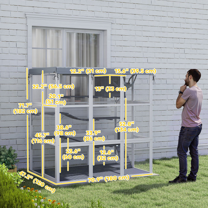 PawHut 71" Catio Outdoor Cat Enclosure w/ Weatherproof Tarp, Hammock, Condo, Jump Platforms, Ladders, Ramps, for 2-4 Kittens