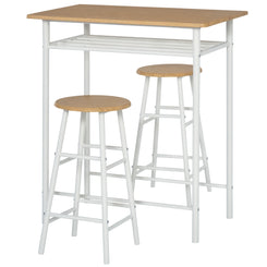 HOMCOM 3 Piece Counter Height Bar Table Set with 1 Table, 2 Matching Stools, Dining Table Set with Storage Shelf and Metal Frame Footrest, White and Oak