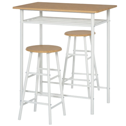 HOMCOM 3 Piece Counter Height Bar Table Set with 1 Table, 2 Matching Stools, Dining Table Set with Storage Shelf and Metal Frame Footrest, White and Oak