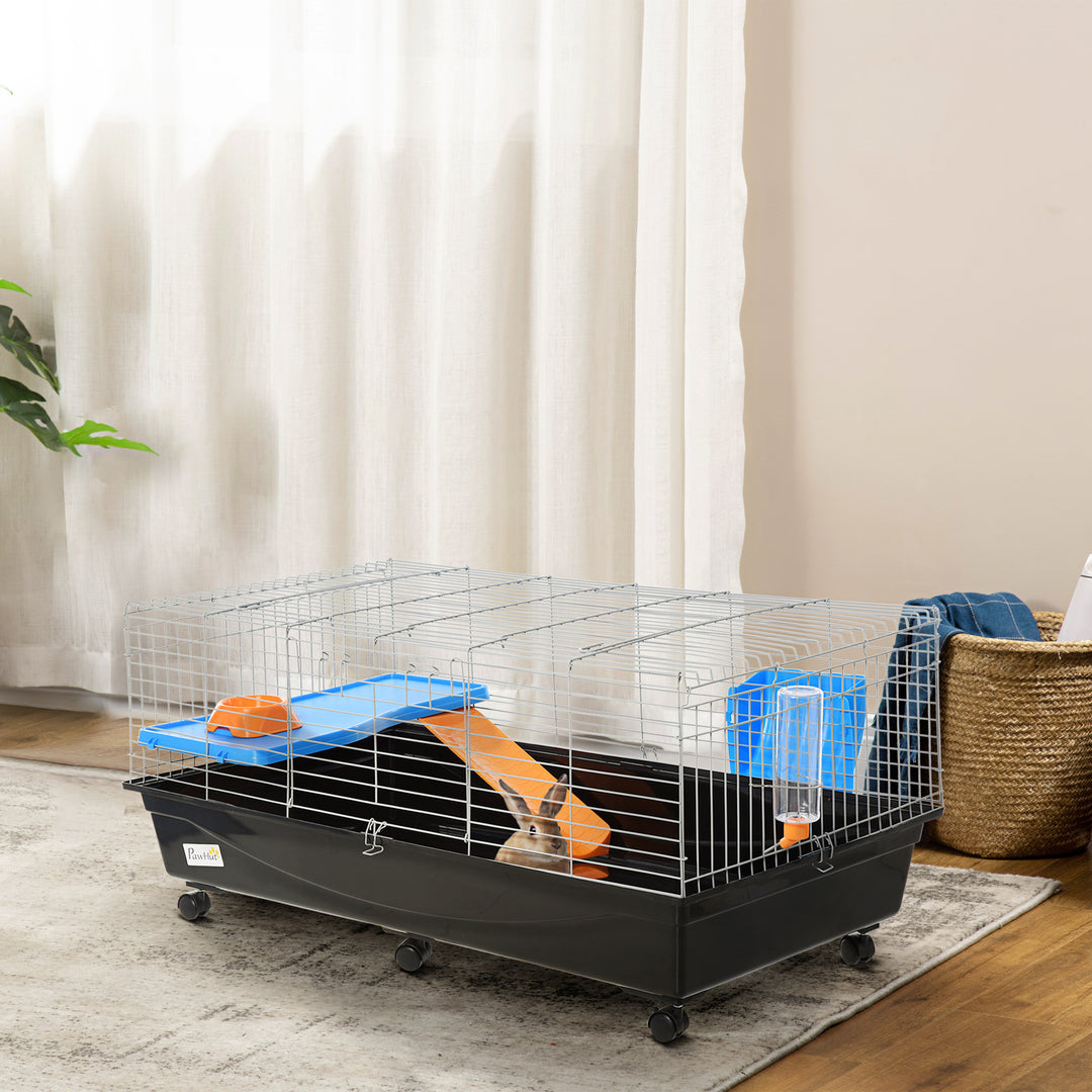 PawHut Small Animal Cage, Rolling Bunny Cage, Guinea Pig Cage with Food Dish, Water Bottle, Hay Feeder, Platform, Ramp, Green