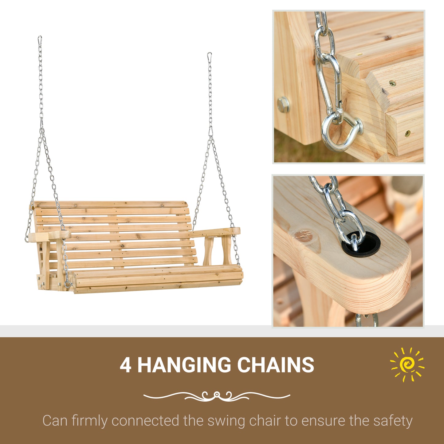 Outsunny 2 Seater Porch Swing Wooden Patio Swing Chair Seat with Cup Holder and Chains Outdoor Swing Bench for Garden Yard, Black