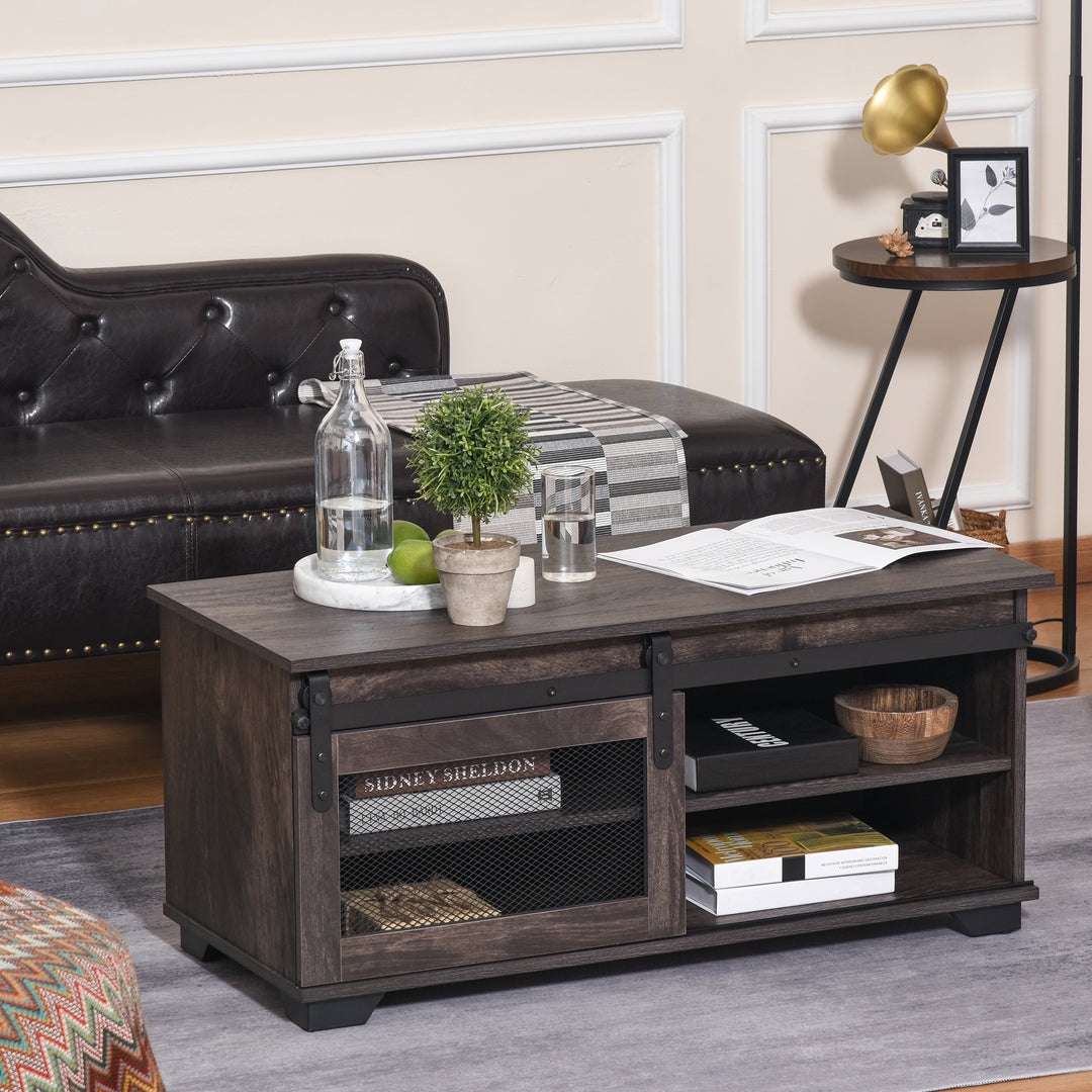 HOMCOM Farmhouse Coffee Table with Sliding Mesh Barn Door, Industrial Center Table with Adjustable Shelf for Living Room, Dark Brown