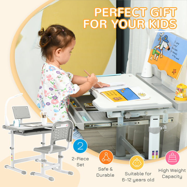 Qaba Kids Desk and Chair Set Height Adjustable Student Writing Desk Children School Study Table with Tilt Desktop, Grey
