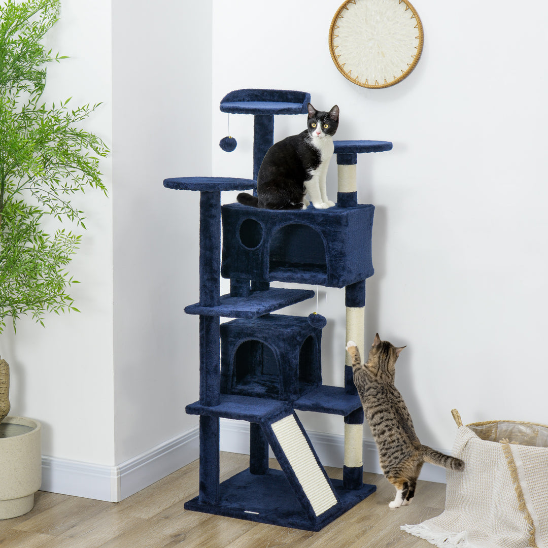 PawHut 54" Cat Tree, Multi-Level Cat Tower with Scratching Posts, Cat Condos, Bed, Platforms, Ramp, Toy Ball, Dark Blue