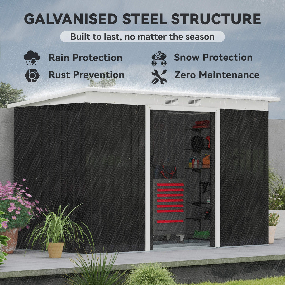 Outsunny 9x4 Outdoor Storage Shed Galvanized Steel Garden Shed with Foundation Kit, Ventilation & Doors, Dark Grey