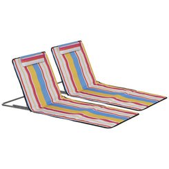 Outsunny Set of 2 Beach Lounge Chair Sun Lounger Beach Mat, Padded Folding Ground Mat Lounge Chair w/Adjustable Back, Steel Frame, Head Pillow and Carry Bag for Backyard Lakeside, Colorful Stripes