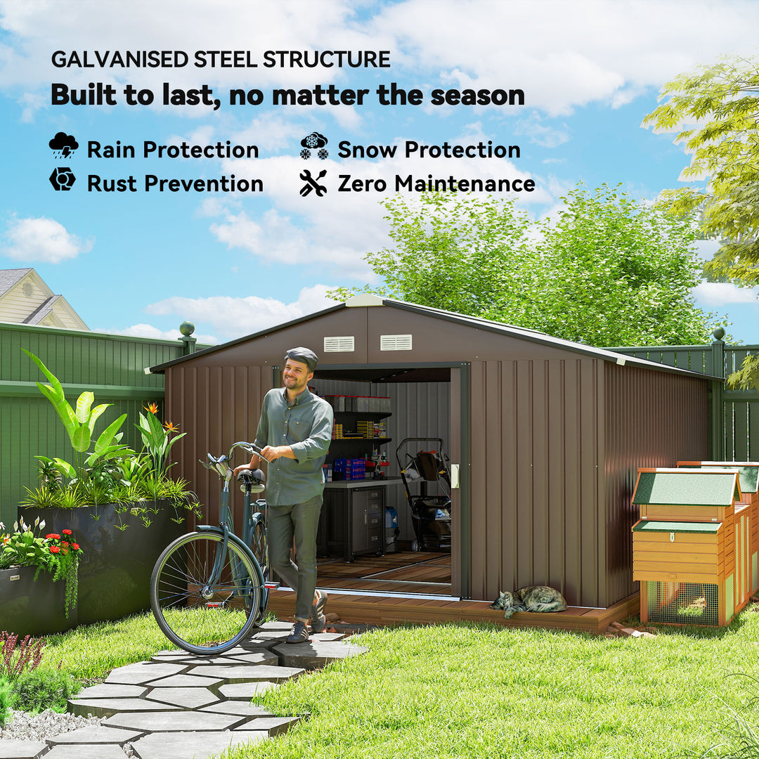 Outsunny 11' x 13'Garden Storage Shed w/ Foundation Kit Metal Tool Storage House w/ Double Doors Yellow