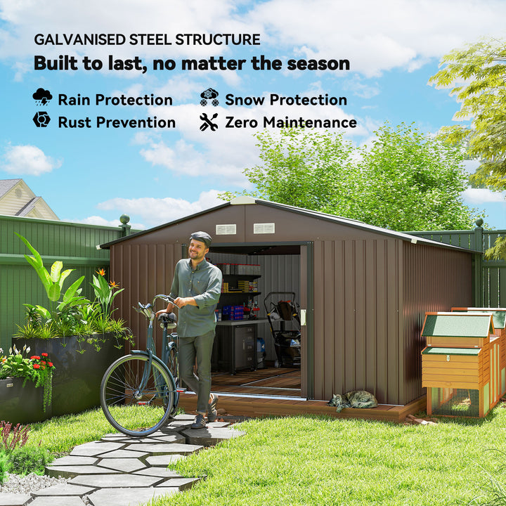 Outsunny 11' x 13'Garden Storage Shed w/ Foundation Kit Metal Tool Storage House w/ Double Doors Yellow