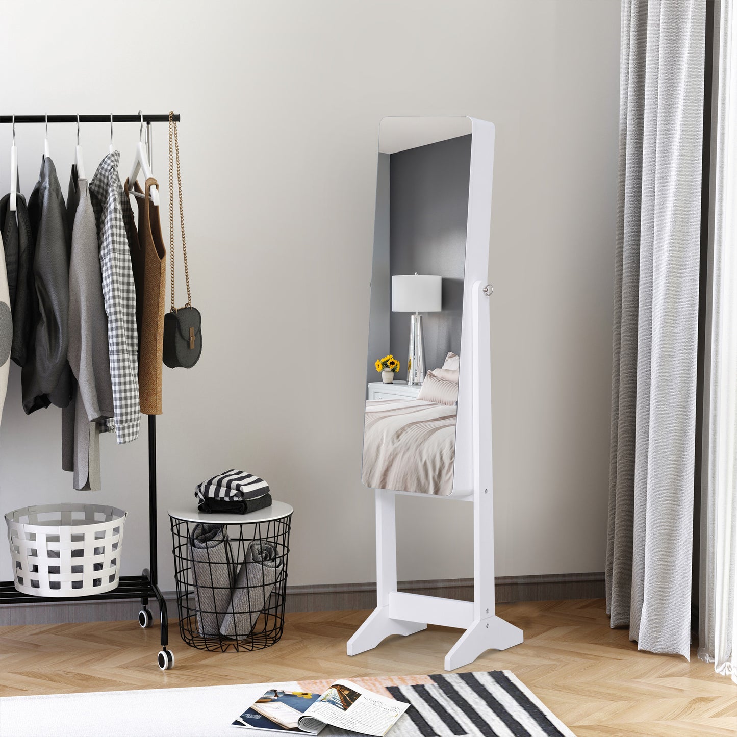 HOMCOM Freestanding Mirror Jewelry Cabinet Armoire, LED Lighted Jewelry Organizer with Stand, Angle Adjustable, White