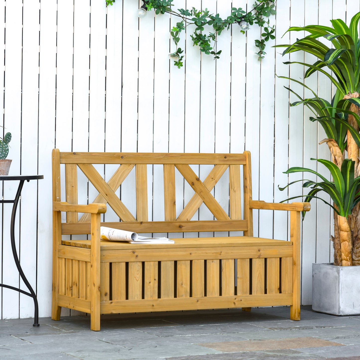 Outsunny Wooden Outdoor Storage Bench 2-Person Patio Bench with Louvered Side Panels and X-Shape Back for Garden, Patio, Yellow