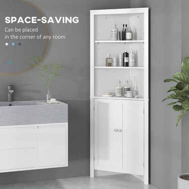 kleankin Tall Bathroom Storage Cabinet, Corner Cabinet with Doors, Linen Cabinet with Doors and 3-Tier Shelves, White