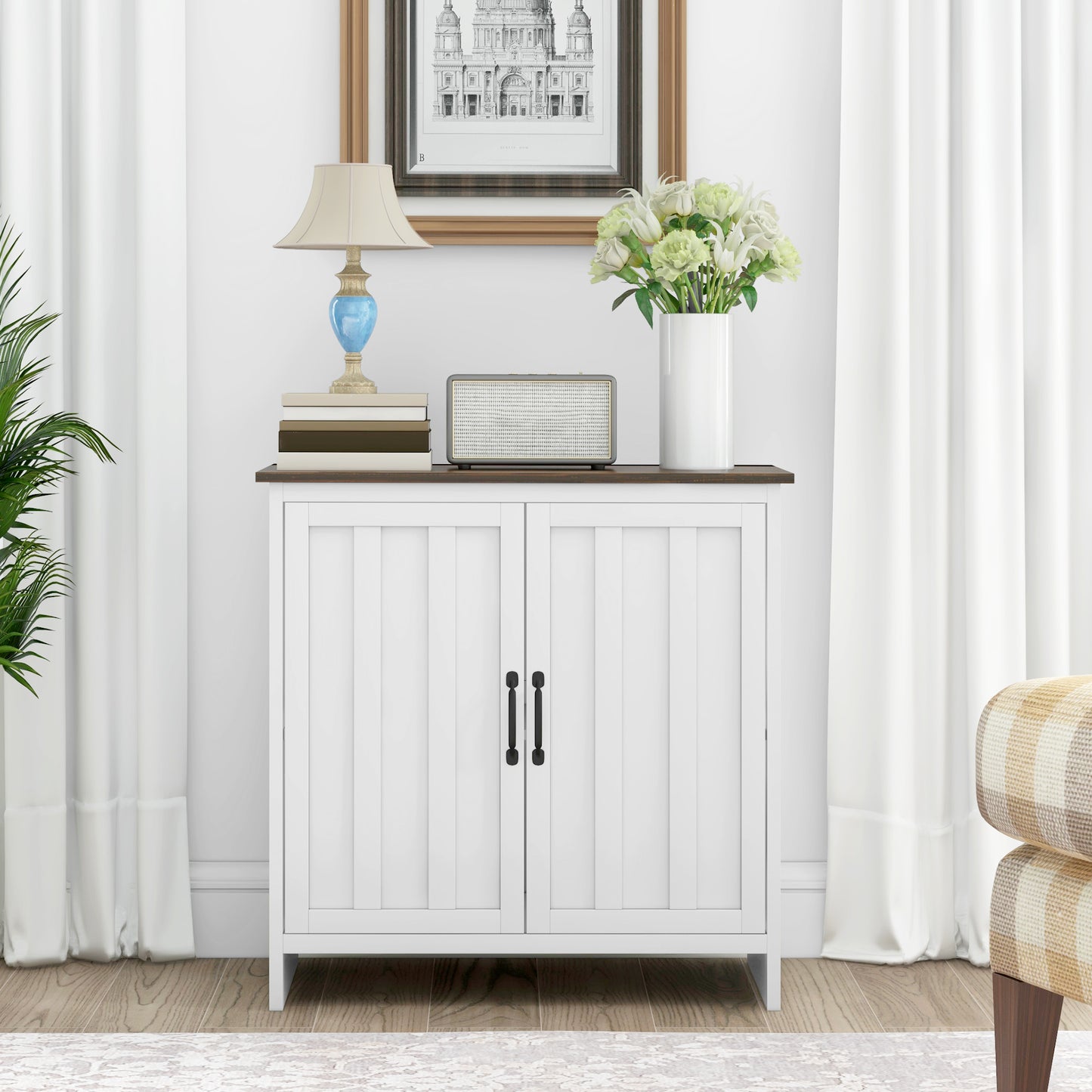 HOMCOM Kitchen Sideboard, Modern Storage Cabinet with Beadboard Doors and Adjustable Shelf for Dining Room, White