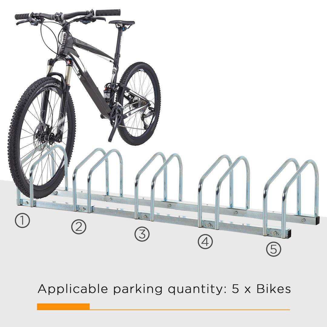 HOMCOM 5-Bike Bicycle Floor Parking Rack Cycling Storage Stand Ground Mount Garage Organizer for Indoor and Outdoor Use Silver
