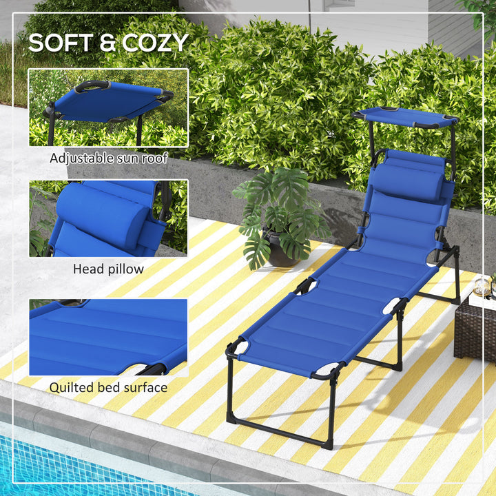 Outsunny Folding Chaise Lounge with Adjustable Sunroof, Outdoor Quick Dry Padded Tanning Chairs with Headrest, Reclining Back Outdoor Lounge Chair, for Beach, Yard, Patio, Blue