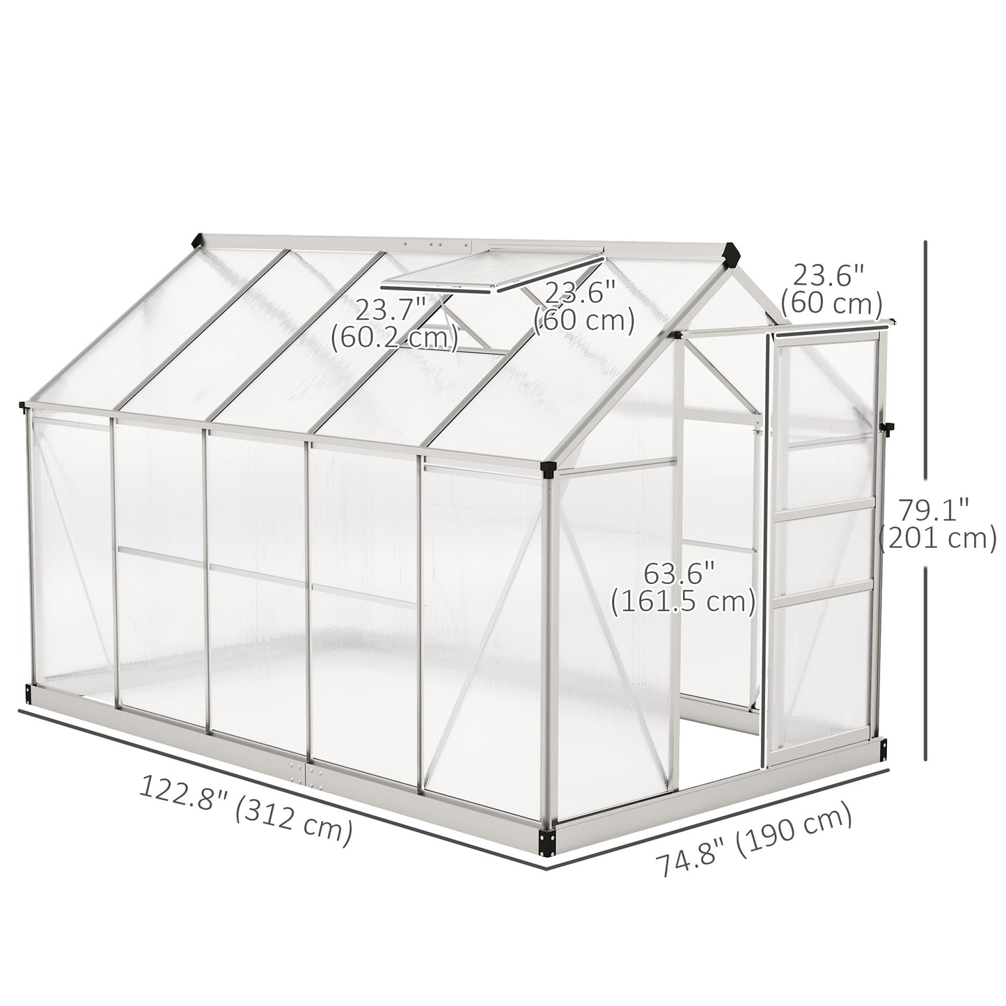 Outsunny 6' x 10' x 6.6' Polycarbonate Greenhouse, Walk-In Green House Kit Garden, Plants Grow, Galvanized Sheet Aluminum Frame with Rain Gutter, Vents and Sliding Door, Green