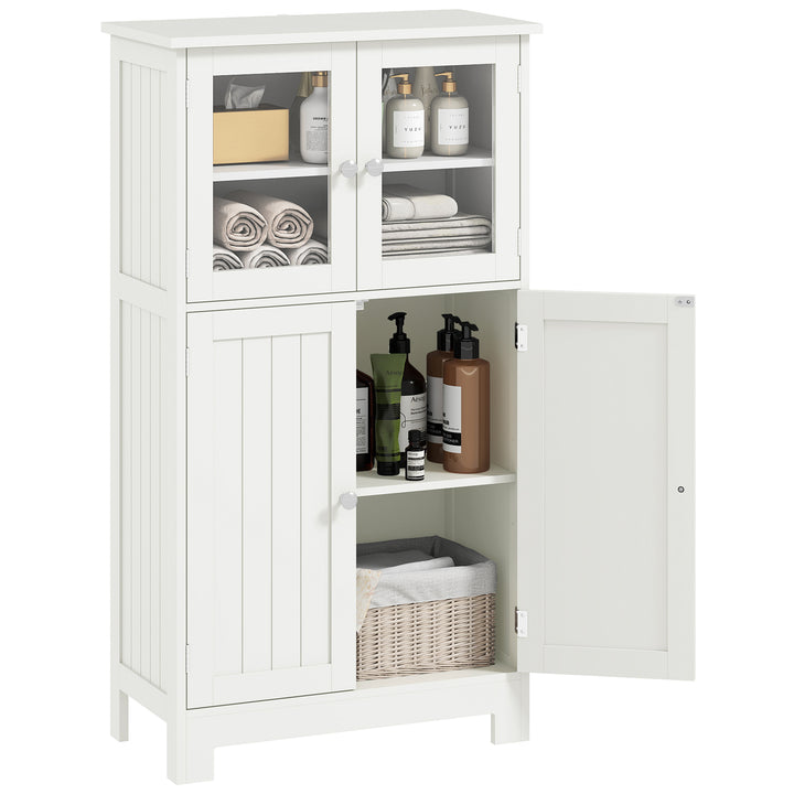 kleankin Bathroom Floor Storage Cabinet with Tempered Glass Doors and Adjustable Shelf, Kitchen Cupboard, Free Standing Organizer for Living Room Entryway, White