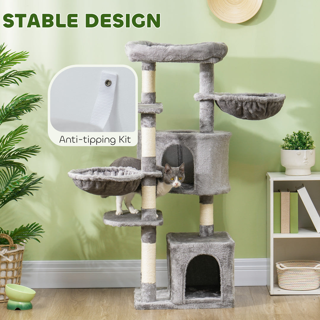 PawHut 52.5" Cat Tree Tower with Scratching Posts, Cat Condos, Bed, Platforms, Hammocks, for Indoor Cats, Dark Grey