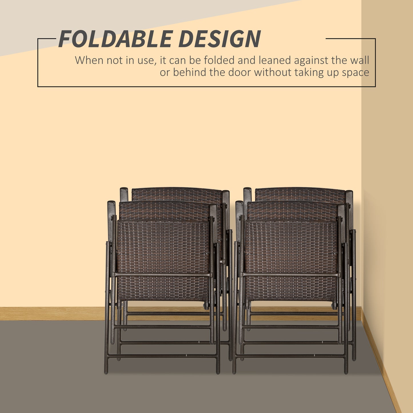 Outsunny Outdoor Wicker Dining Chair Set of 4, Rattan Foldable Chair with Steel Frame for Garden, Backyard, Porch, Brown