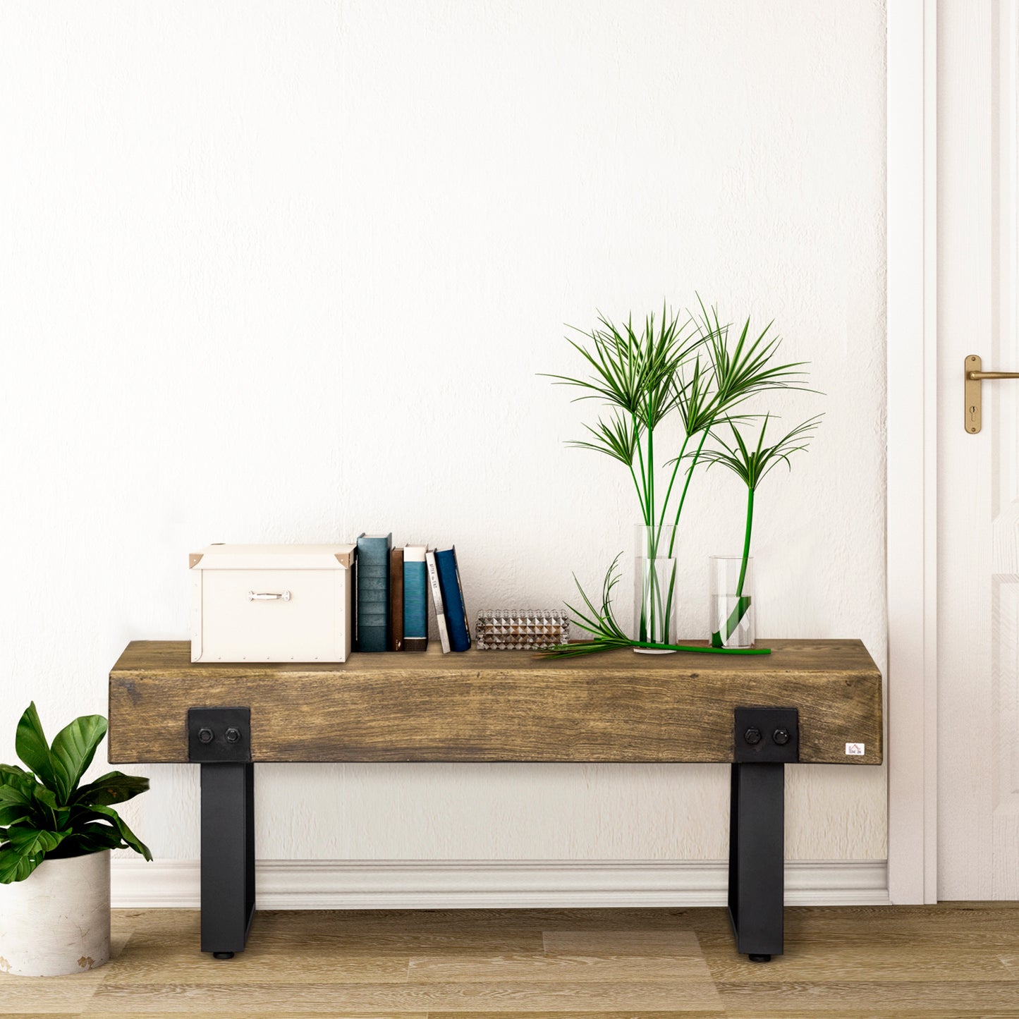 HOMCOM Outdoor Bench, Garden Bench with Metal Legs, Rustic Wood Effect Concrete, Indoor or Outdoor Use for Patio, Park, Porch and Lawn, Natural and Black