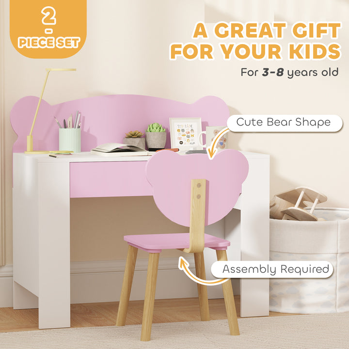 Qaba Kids Desk and Chair Set with Drawer for Drawing, Reading, Bear Theme Children Furniture for Bedroom, Daycare, Pink
