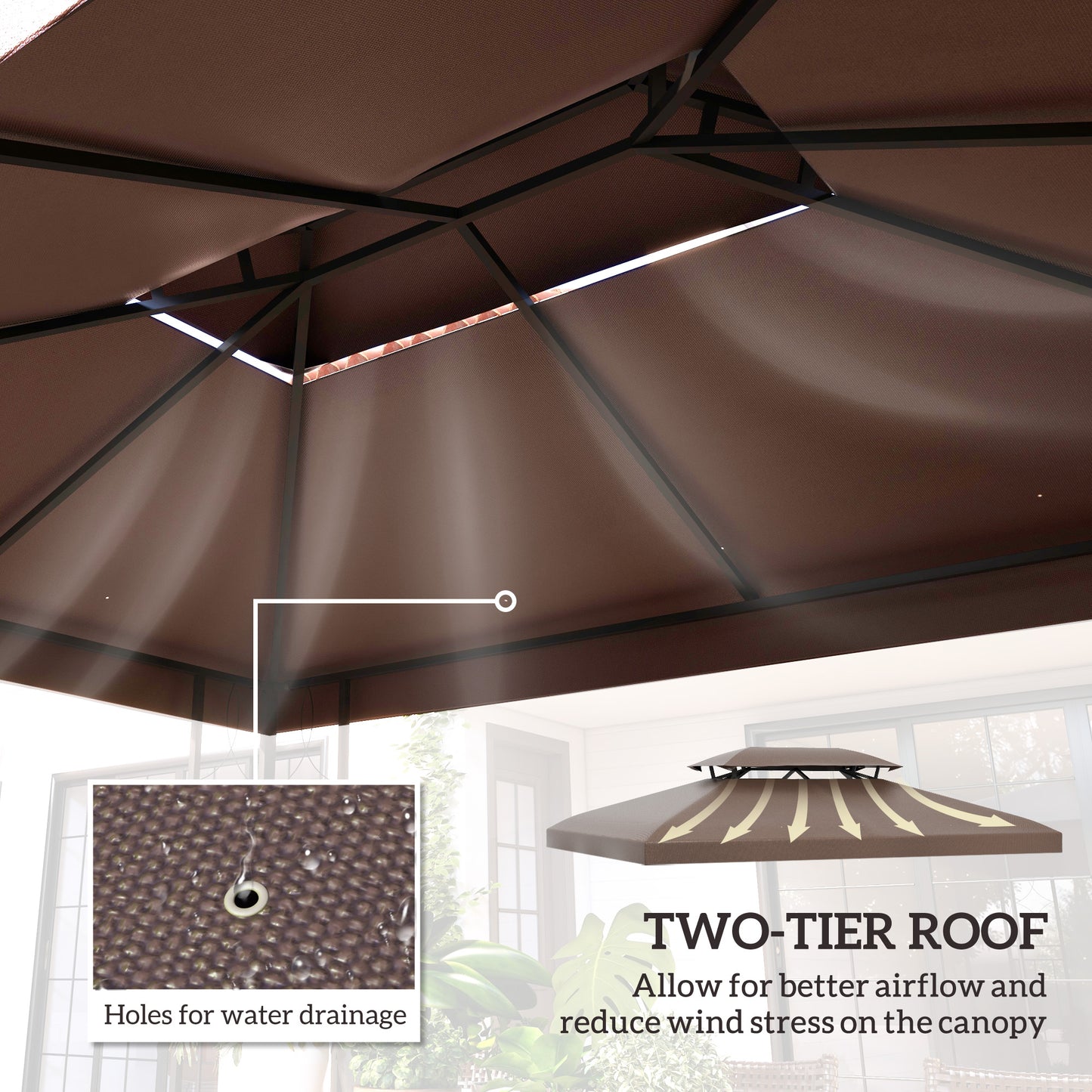 Outsunny 13' x 10' Gazebo Replacement Canopy, 2 Tier Top Roof Garden Pavilion UV Cover, Brown (TOP ONLY)
