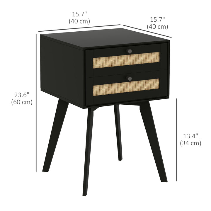 HOMCOM Boho Night Stands Set of 2, Bedside Tables with 2 Rattan Drawers, Square End Tables for Bedroom, Living Room