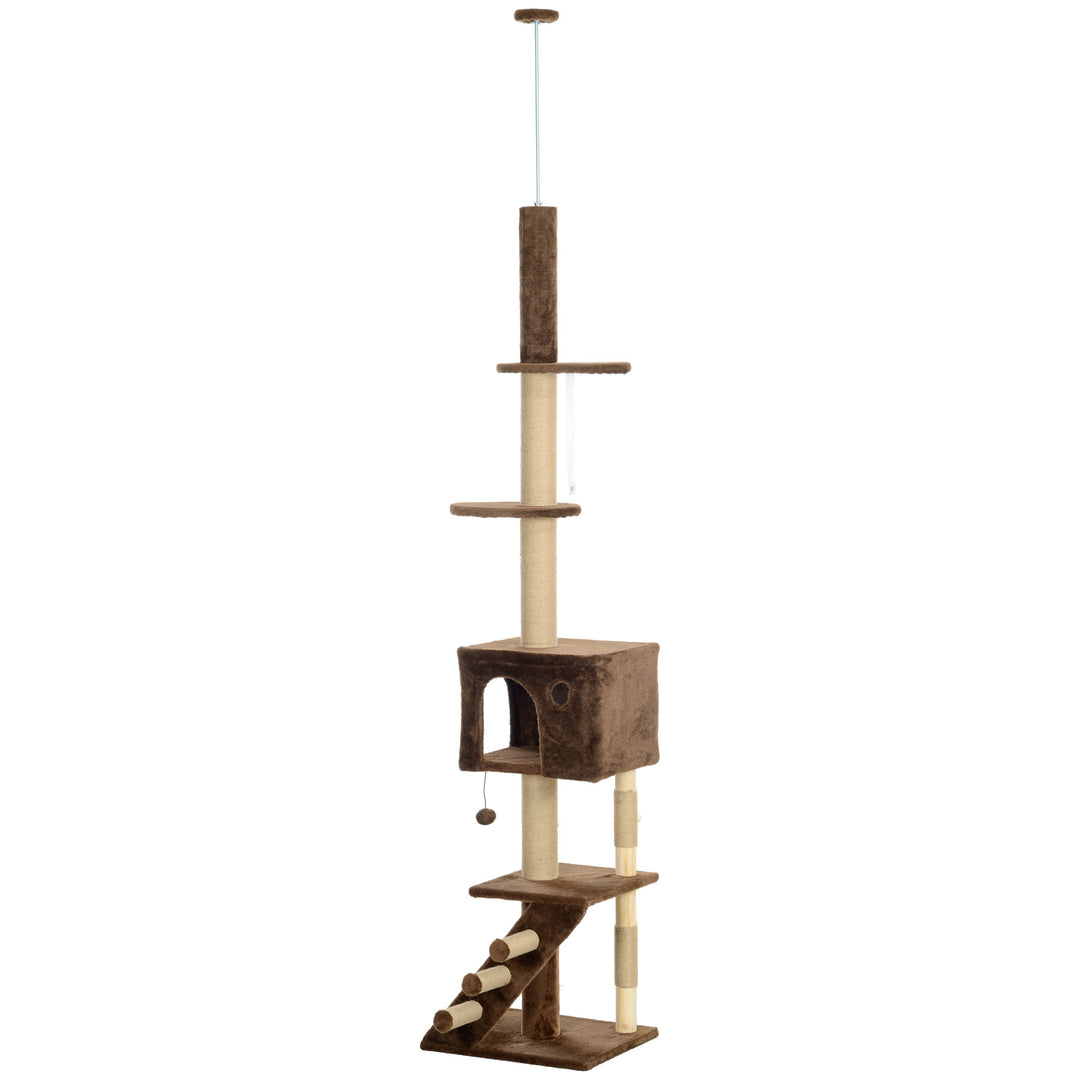 PawHut 89"-100" Floor to Ceiling Cat Tree with Scratching Post, Cat House, 3-Steps, Hanging Ball, Perches, Anti-tip Kit, Brown