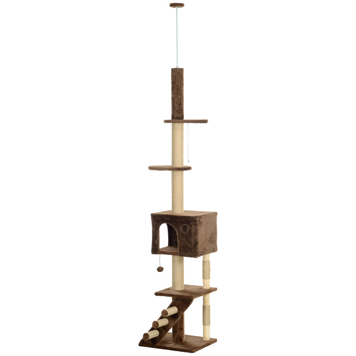 PawHut 89"-100" Floor to Ceiling Cat Tree with Scratching Post, Cat House, 3-Steps, Hanging Ball, Perches, Anti-tip Kit, Brown
