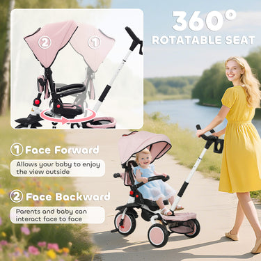 Qaba 6 in 1 Toddler Tricycle for 1-5 Years Old with Push Handle, Removable Canopy, Rotatable Seat, Pink