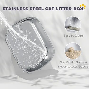 PawHut Stainless Steel Cat Litter Box, Cat Litter Box with High Side and Scoop, Anti-Leakage, Easy to Clean, Navy Blue