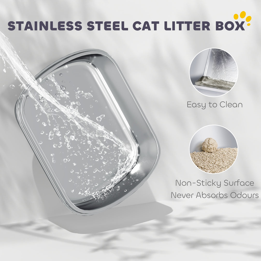 PawHut Stainless Steel Cat Litter Box, Cat Litter Box with High Side and Scoop, Anti-Leakage, Easy to Clean, Navy Blue