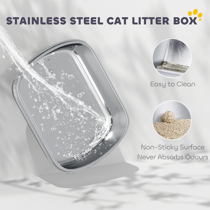 PawHut Stainless Steel Cat Litter Box, Cat Litter Box with High Side and Scoop, Anti-Leakage, Easy to Clean, Navy Blue