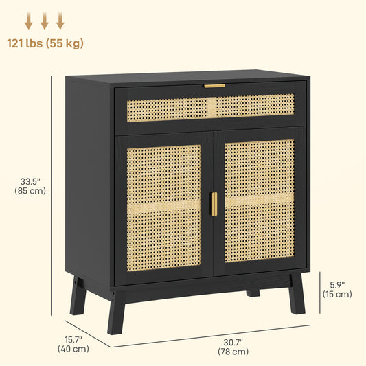 HOMCOM Boho Sideboard Storage Cabinet with Rattan Doors, Black