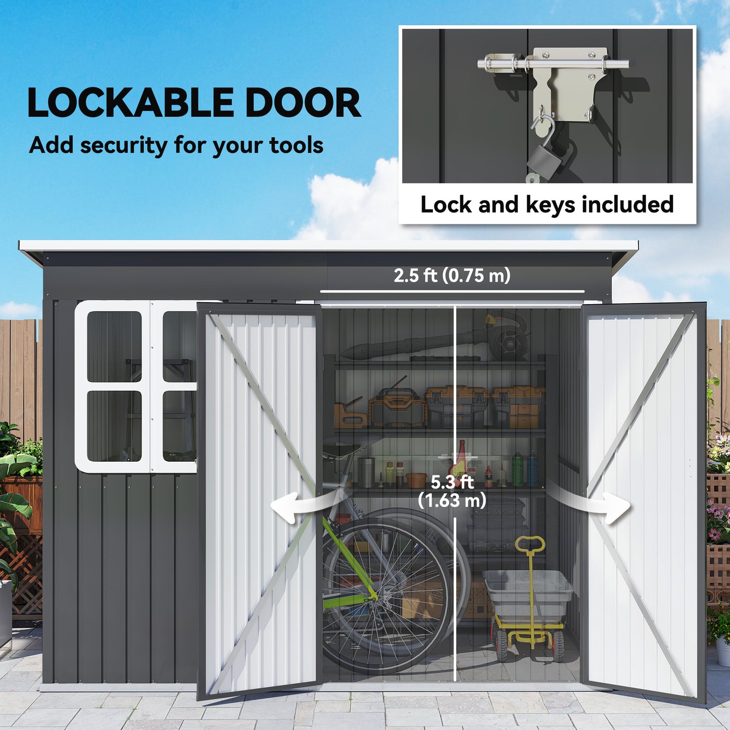 Outsunny 8.5' x 6' Galvanised Steel Outdoor Storage Shed, Garden Shed with Window, Lockable Wide Doors and Air Vents, Dark Grey