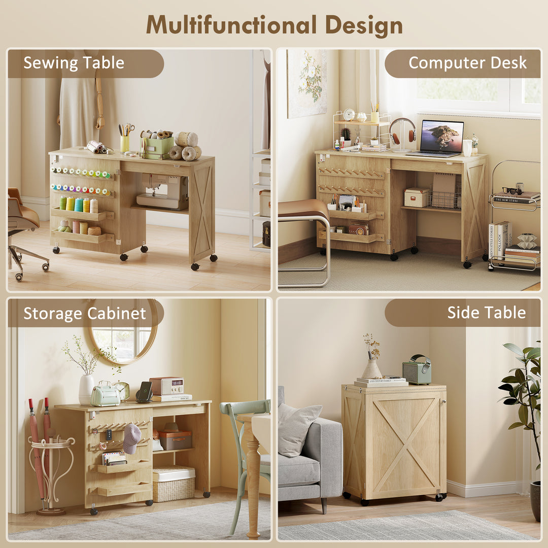 HOMCOM Sewing Machine Table on Wheels, Folding Craft Table with 2 Bins, Storage Shelf, 18 Pegs, Lockable Wheels, Brown