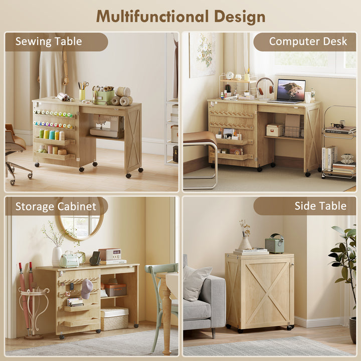 HOMCOM Sewing Machine Table on Wheels, Folding Craft Table with 2 Bins, Storage Shelf, 18 Pegs, Lockable Wheels, Brown