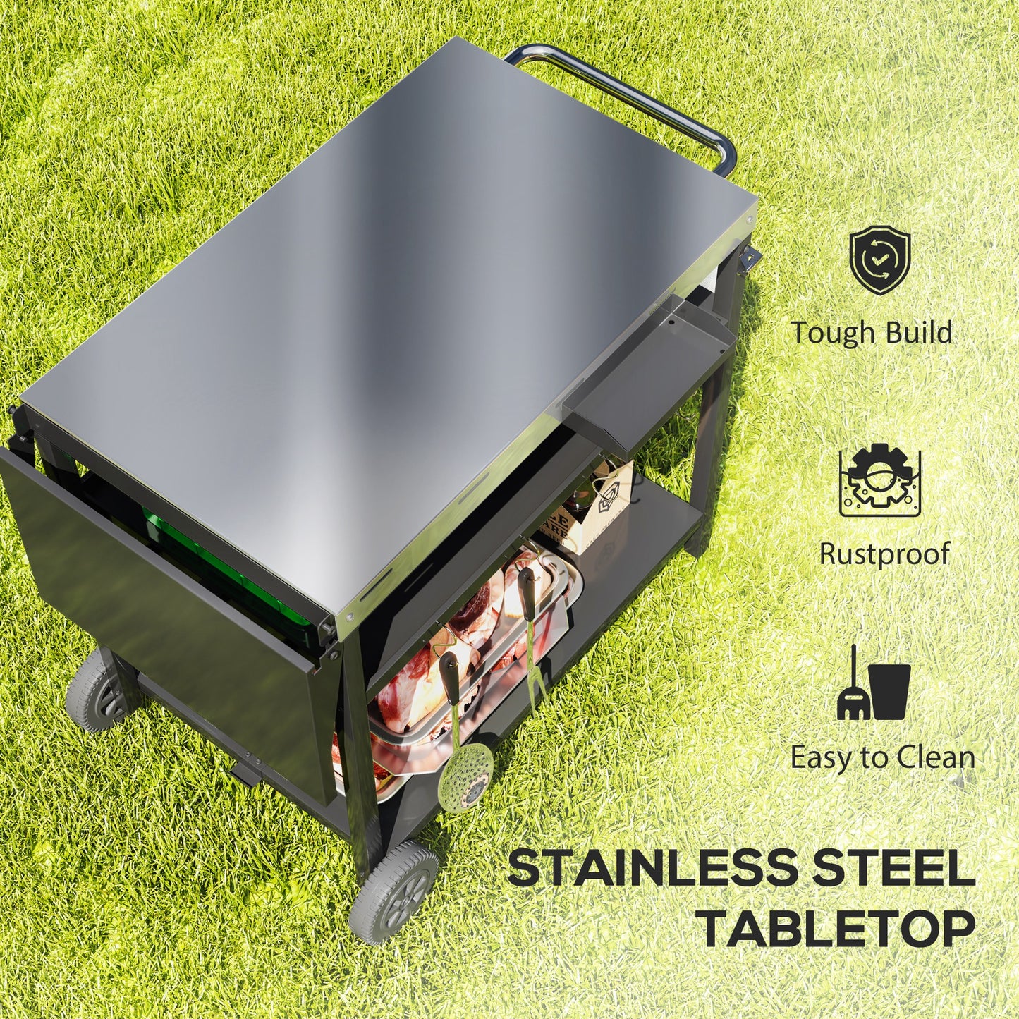 Outsunny Outdoor Bar Cart BBQ Table with Wheels, Stainless Steel Pizza Oven Stand, Outdoor Kitchen Cart with Storage and Hooks