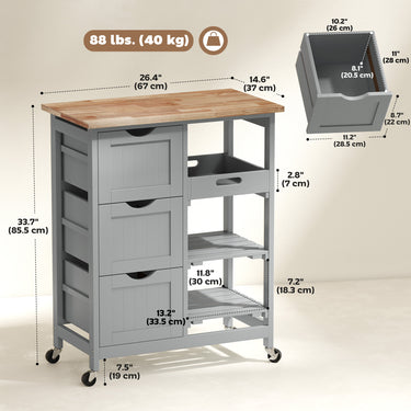 HOMCOM Kitchen Cart on Wheels, Rolling Kitchen Island Cart with Wood Top, 3 Drawers and Shelves for Home Dining Area