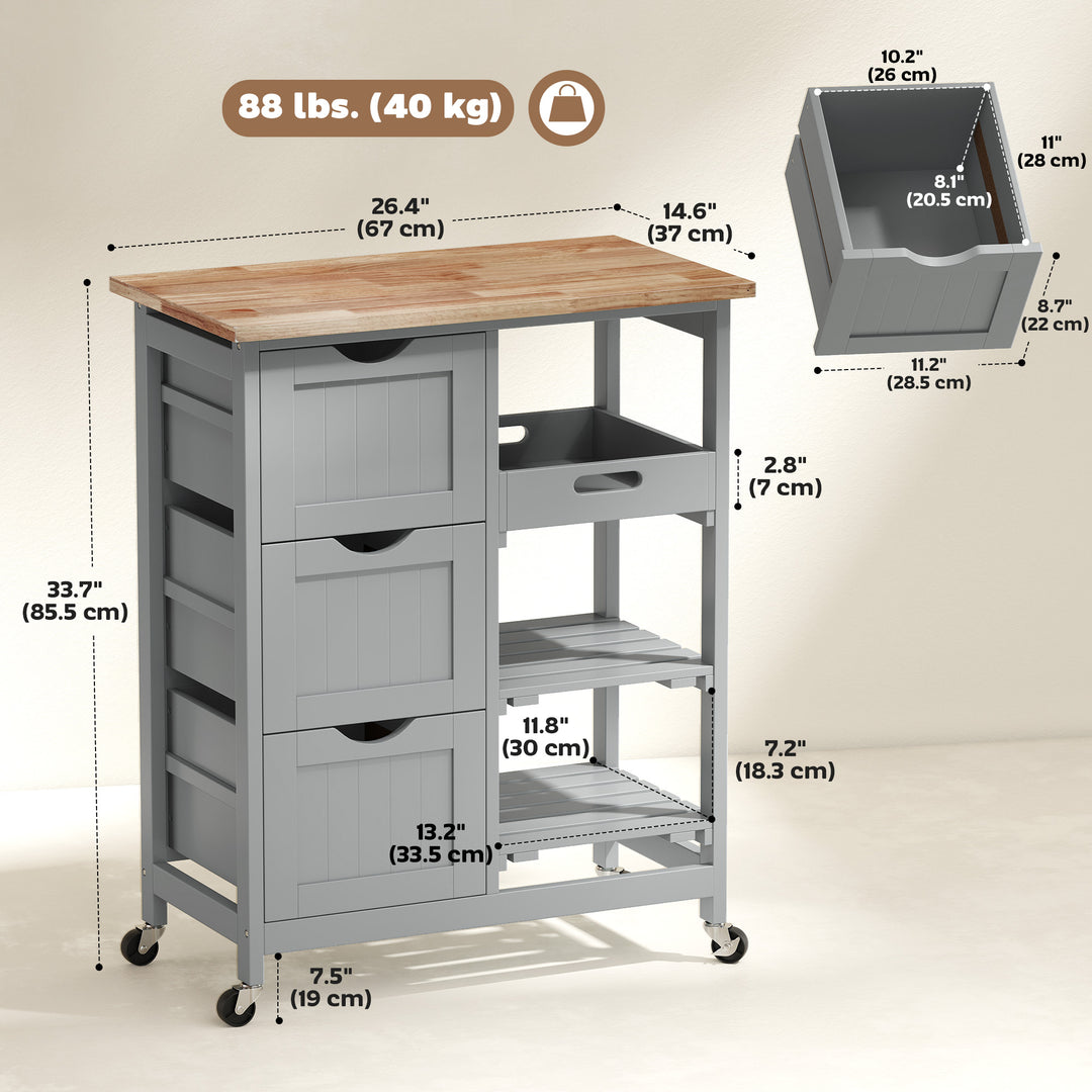 HOMCOM Kitchen Cart on Wheels, Rolling Kitchen Island Cart with Wood Top, 3 Drawers and Shelves for Home Dining Area